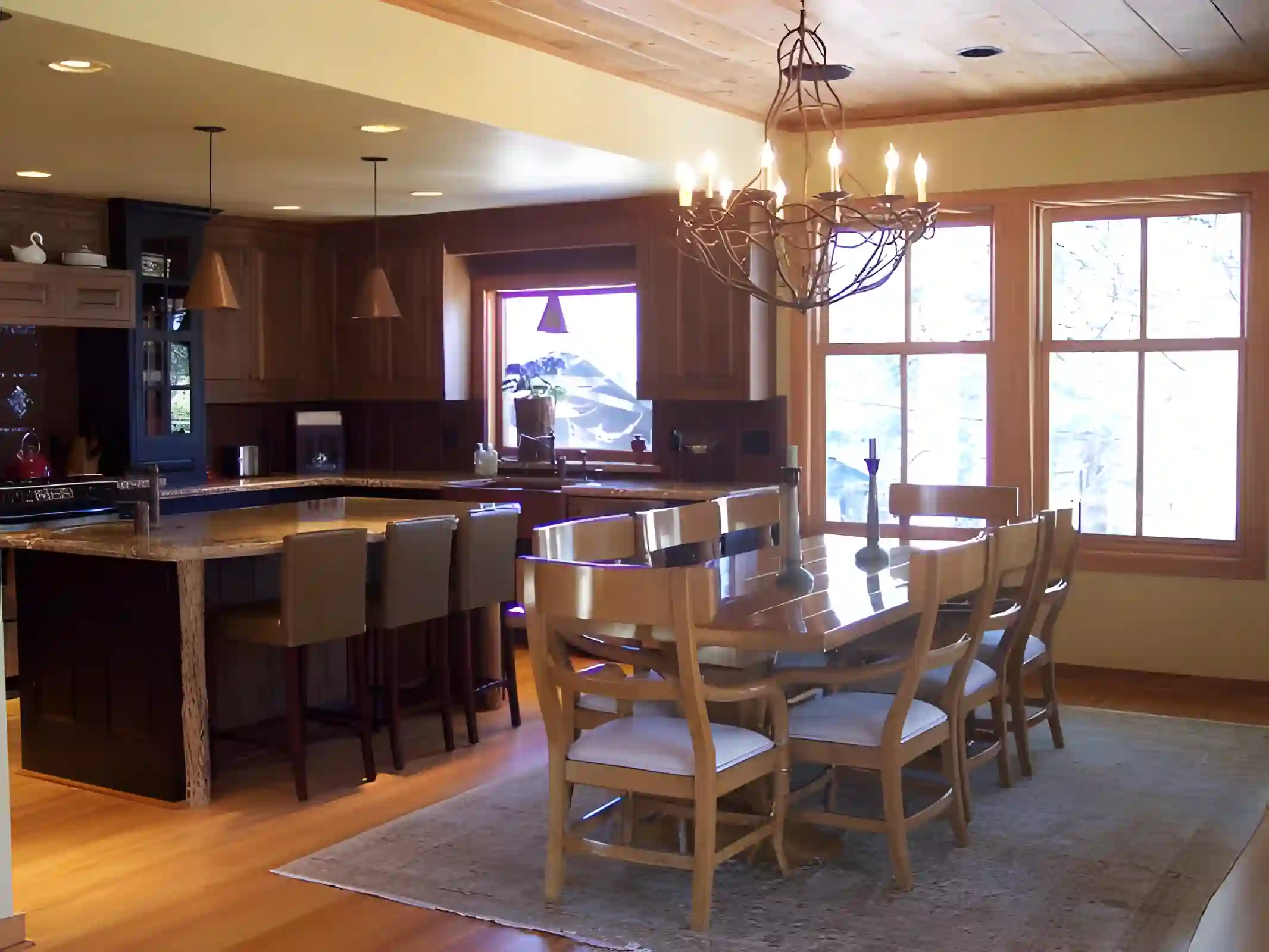 Warm wood kitchen and dining room in a Tahoe home